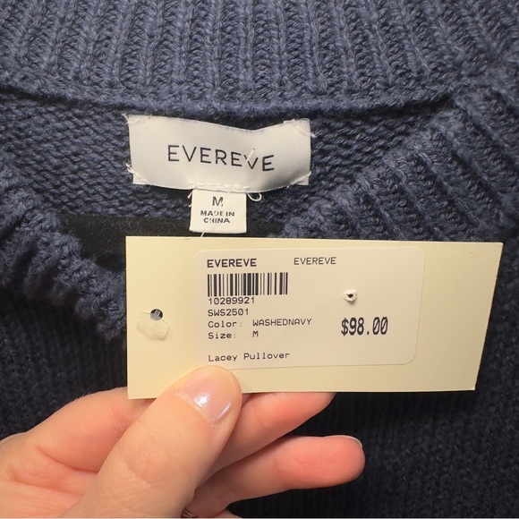Evereve Women’s Navy Puff Shoulder 3/4 Sleeve Lacey Crewneck Sweater Sz M NWT - Picture 3 of 5